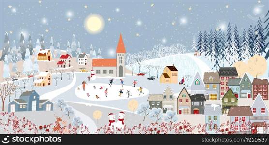 Winter landscape, Celebrating Christmas and new Year 2022 in village at night with happy polar bear playing playing ice skates in the park,Vector of horizontal banner winter wonderland in countryside