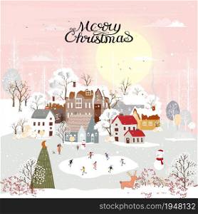 Winter landscape, Celebrating Christmas and new Year 2022 in village at night with happy people playing playing ice skates in the park,Vector of horizontal banner winter wonderland in countryside