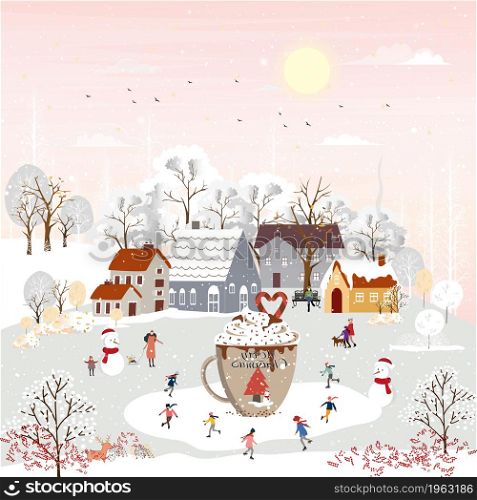 Winter landscape, Celebrating Christmas and new Year 2022 in village at night with happy people playing playing ice skates in the park,Vector of horizontal banner winter wonderland in countryside