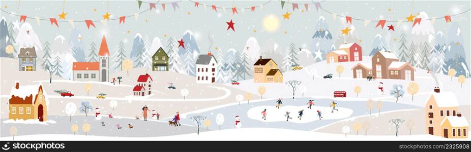 Winter landscape, Celebrating Christmas and new Year 2023 in village at night with happy polar bear playing playing ice skates in the park,Vector of horizontal banner winter wonderland in countryside
