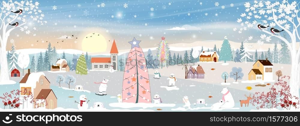 Winter landscape, Celebrating Christmas and new year in village at night with star and blue sky, Vector of horizontal banner winter wonderland in countryside with happy polar bear playing in the park