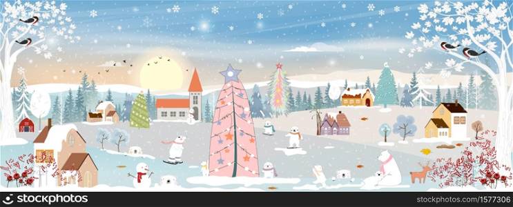 Winter landscape, Celebrating Christmas and new year in village at night with star and blue sky, Vector of horizontal banner winter wonderland in countryside with happy polar bear playing in the park