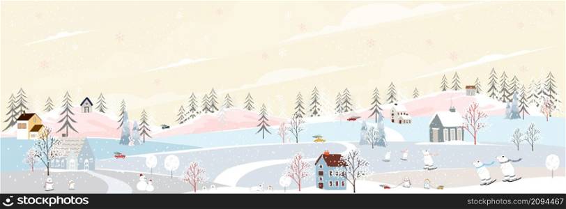 Winter landscape, Celebrating Christmas and new year in village at night with happy polar bear playing playing ice skates in the park ,Vector of horizontal banner winter wonderland in countryside