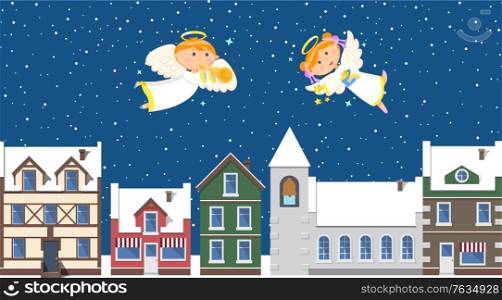 Winter landscape, Christmas angels above town in sky. Houses and snowy roofs, boy and girl with wings and halos throwing stars and playing trumpet. Vector illustration in flat cartoon style. Christmas Angels above Town in Sky, Winter Holiday