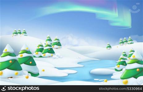 Winter landscape. Christmas background 3d vector illustration