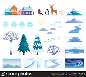 Winter landscape elements set with houses trees and snow isolated flat vector illustration. Winter Landscape Elements Set