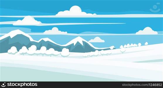 Winter landscape, field in the snow, trees mountains. Winter landscape, field in the snow, mountains, trees, style, vector, illustration, isolated
