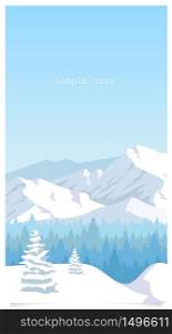 Winter landscape flat color vector background with text space. Snow hills and coniferous forest social media stories mockup. Mountains and fir trees view. Nature web banner template. Winter landscape flat color vector background with text space