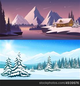 Winter Landscape Horizontal Banners. Winter landscape horizontal banners with house river mountains and trees in the day and night time vector illustration