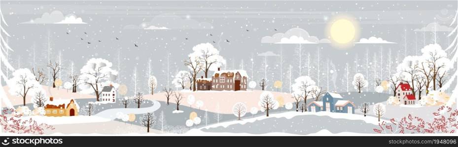 Winter landscape in village at night in countryside background,Vector horizontal banner winter wonderland with house on hills and forest pine tree, Backdrop for Celebrating Christmas and New Year 2022