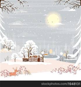 Winter landscape in village at night in countryside background,Vector horizontal banner winter wonderland with house on hills and forest pine tree,Backdrop for Celebrating Christmas and New Year 2022