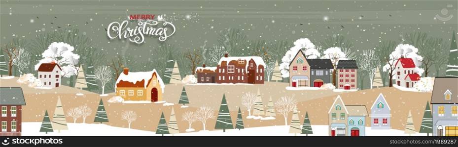 Winter landscape in village at night in countryside background,Vector horizontal banner winter wonderland with house on hills and forest pine tree,Backdrop for Celebrating Christmas and New Year 2022