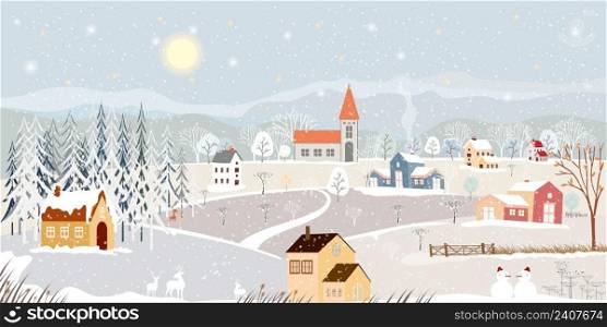 Winter landscape in village at night in countryside background,Vector horizontal banner winter wonderland with house on hills and forest pine tree,Backdrop for Celebrating Christmas and New Year 2023