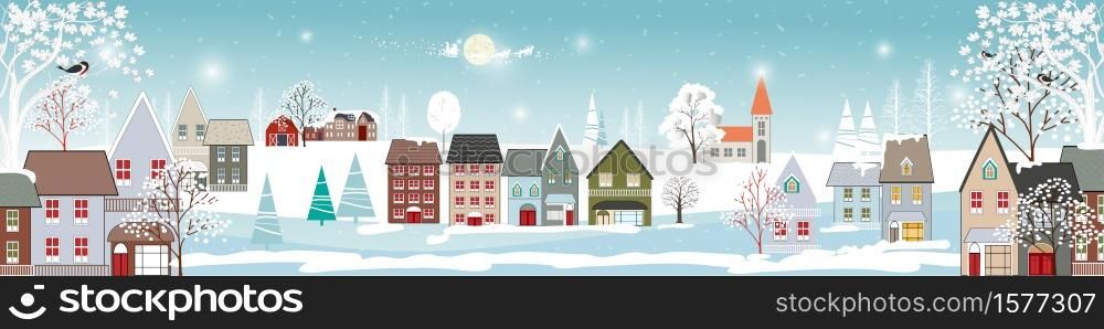 Winter landscape in village with cute cartoon of fairies house, Christmas night in small town in winter,Vector illustration banner for Merry Christmas and New year background