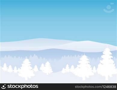 Winter landscape, minimal style. Horizon, panorama, snow-covered trees Ate pine. Winter landscape, minimal style. Horizon, panorama, snow-covered trees. Ate, pine. Vector, illustration, isolated, template, poster, banner