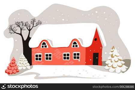 Winter landscape of countryside or village, house with rooftop covered with snow. Snowy cold and frosty weather in city or small town. Building and trees, scenic blizzard outsides, vector in flat. House with rooftop covered with snow, winter landscape