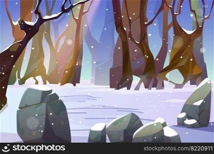 Winter landscape of forest glade with snow and bare trees. Scene of jungle, garden or natural park at snowy weather. Vector cartoon illustration of woods with stones and tree trunks. Summer landscape with rain in forest
