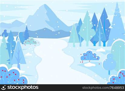 Winter landscape of rural area. Snowy weather in village or park. Resort with mountains and pine trees, bushes with red berries. Outdoors view on road and hills, cold and frost. Vector in flat. Nature of Winter Landscape with Mountain Range