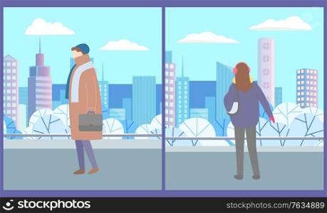 Winter landscape on city center with buildings and skyscrapers. Woman with handbag and headphones. Man in overcoat and cap with bag. Vector illustration in flat cartoon style. Winter Landscape in Urban Park, Woman and Man