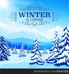 Winter Landscape Poster. Winter landscape poster with snowbound trees and mountains in flat style vector illustration