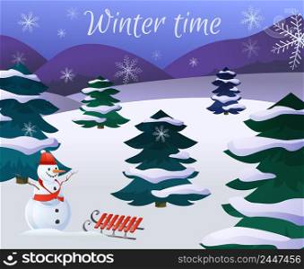 Winter landscape poster with christmas trees wood snowman and sledge vector illustration