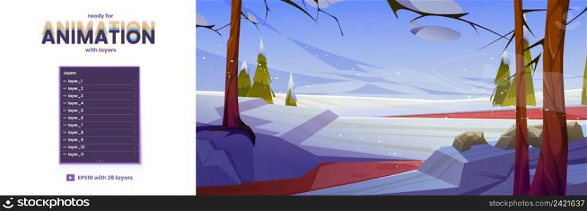 Winter landscape ready for game animation. Cartoon separated layers snow lying on field and branches, road, spruces under cloudy sky with falling snowflakes. 2d parallax background vector illustration. Winter landscape ready for cartoon game animation