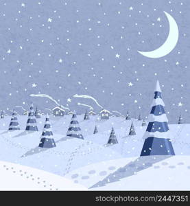 Winter landscape scene with falling snow at night vector illustration