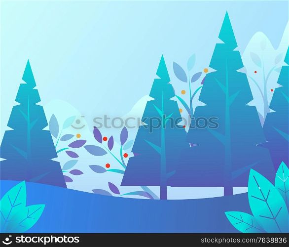Winter landscape vector, pine trees and hills covered with snow. Snowy ground and foliage color in blue. Scenery of forest with spruce and red berries. Wood in cold season of year flat style. Winter Landscape with Trees and Foliage Vector