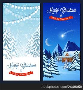 Winter landscape vertical banners with house, trees and mountains at night and day times vector illustration. Winter Landscape Vertical Banners