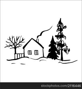 Winter landscape with a house. Vector sketch illustration.