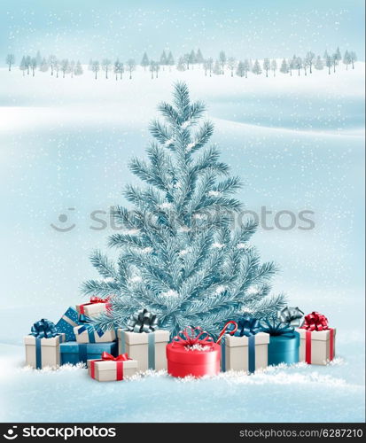 Winter landscape with a tree and gift boxes. Vector.