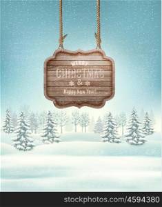 Winter landscape with a wooden ornate Merry Christmas sign. Vector.