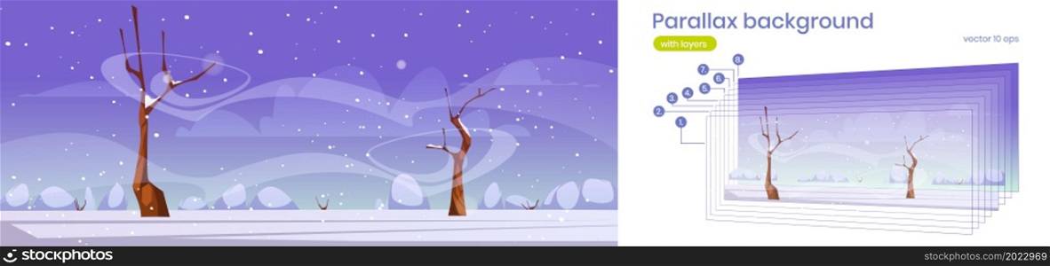Winter landscape with bare trees, bushes, white snow and wind. Vector parallax background for 2d animation with cartoon illustration with snowy field and blizzard in frosty weather. Parallax background with winter landscape