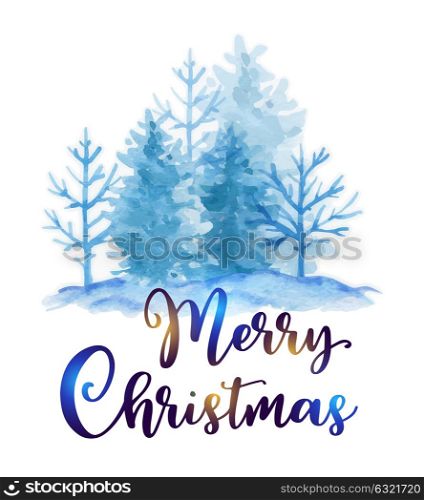 Winter landscape with blue fir trees in the snow on a white background. Hand drawn watercolor greeting card. Merry Christmas lettering
