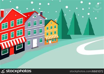 Winter landscape with buildings that have markets at ground floors, evergreen tall spruces on horizon and thin path cartoon vector illustration.. Winter Landscape with Buildings that Have Market