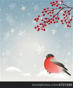 Winter landscape with bullfinch in snow and red berries. Christmas background.