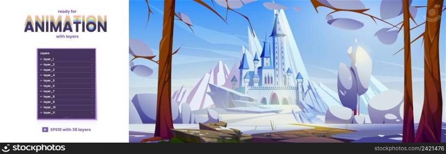 Winter landscape with castle on hill, snow and ice peaks. Vector parallax background ready for 2d animation with cartoon illustration of fairy tale kingdom with royal palace with towers. Parallax background with castle in winter