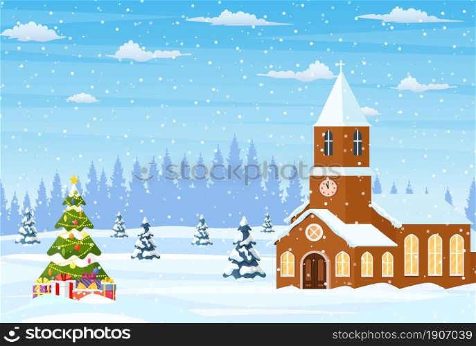 Winter landscape with church. Christmas landscape tree. New year decoration. Merry christmas holiday xmas celebration. Vector illustration flat style. Winter landscape with church