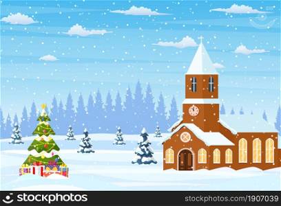 Winter landscape with church. Christmas landscape tree. New year decoration. Merry christmas holiday xmas celebration. Vector illustration flat style. Winter landscape with church