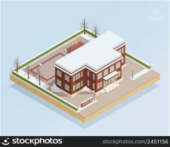 Winter landscape with college high school building with adjacent with adjacent sports areas isometric composition vector illustration . Winter College Building Outdoor Isometric