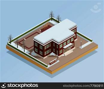 Winter landscape with college high school building with adjacent with adjacent sports areas isometric composition vector illustration . Winter College Building Outdoor Isometric