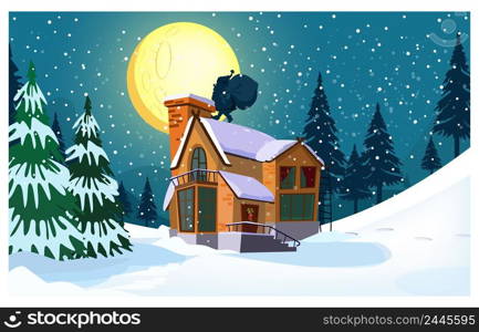 Winter landscape with cottage, moon, Santa Claus silhouette and fir-trees. Night snowy country scene vector illustration. Christmas concept. For websites, wallpapers, posters or banners.