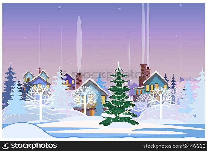 Winter landscape with cottages and decorated fir-tree vector illustration. Snowy country scene. Christmas Eve concept. For websites, wallpapers, posters or banners.