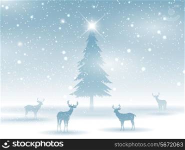 Winter landscape with deer silhouettes