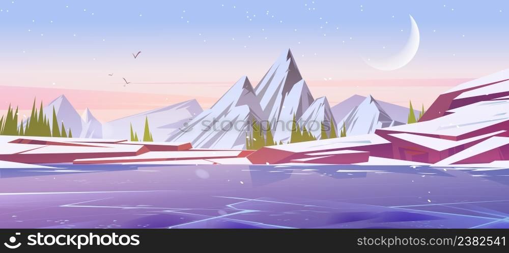 Winter landscape with frozen lake and mountains at early morning. Vector cartoon illustration of northern nature scene with coniferous trees, ice on river, snowy rocks, moon and stars in sky. Winter landscape with frozen lake and mountains