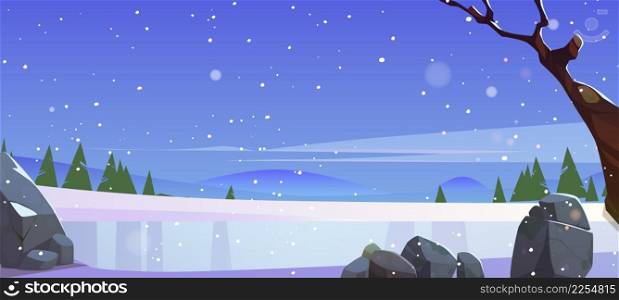 Winter landscape with frozen lake, conifers and hills on horizon. Vector cartoon illustration of nature scene with ice rink, white snow, trees, stones and snowfall. Winter landscape with frozen lake