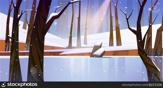 Winter landscape with frozen lake in forest, white snow and trees. Vector cartoon illustration of snowy wood or natural park with ice rink, stump and sun ray. Frozen water of river or pond in forest. Winter landscape with frozen lake in forest