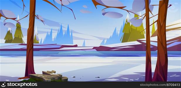 Winter landscape with frozen river, bare trees, coniferous forest and stones. Vector cartoon illustration of nature scene with white snow, ice on water and rocks. Winter landscape with frozen river