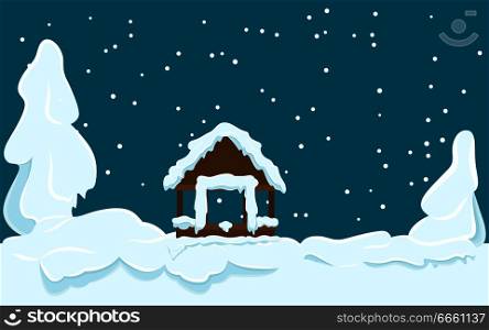 Winter landscape with gazebo and fir trees covered with snow on dark sky background. Picture for winter holidays&rsquo; postcards. Night snowfall at countryside vector illustration. Beautiful winter scene.. Gazebo Covered with Snow Winter Scene Illustration