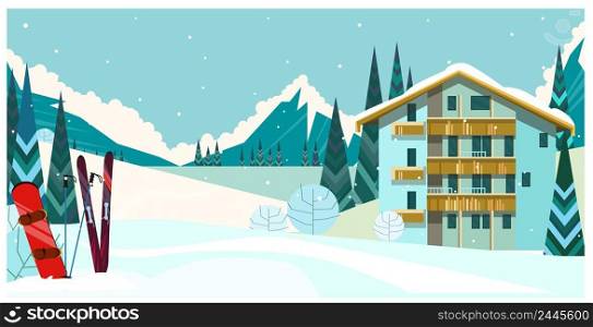 Winter landscape with guest house, skis and snowboard. Snowy country scene vector illustration. Ski resort concept. For websites, wallpapers, posters or banners.. Winter landscape with guest house, skis and snowboard
